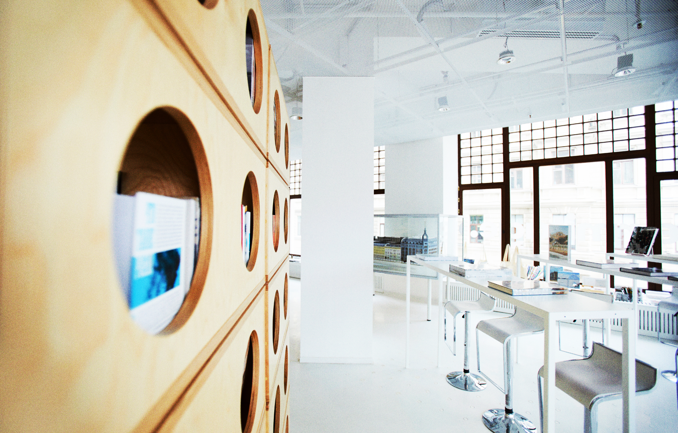 Modern office space with circular wall features