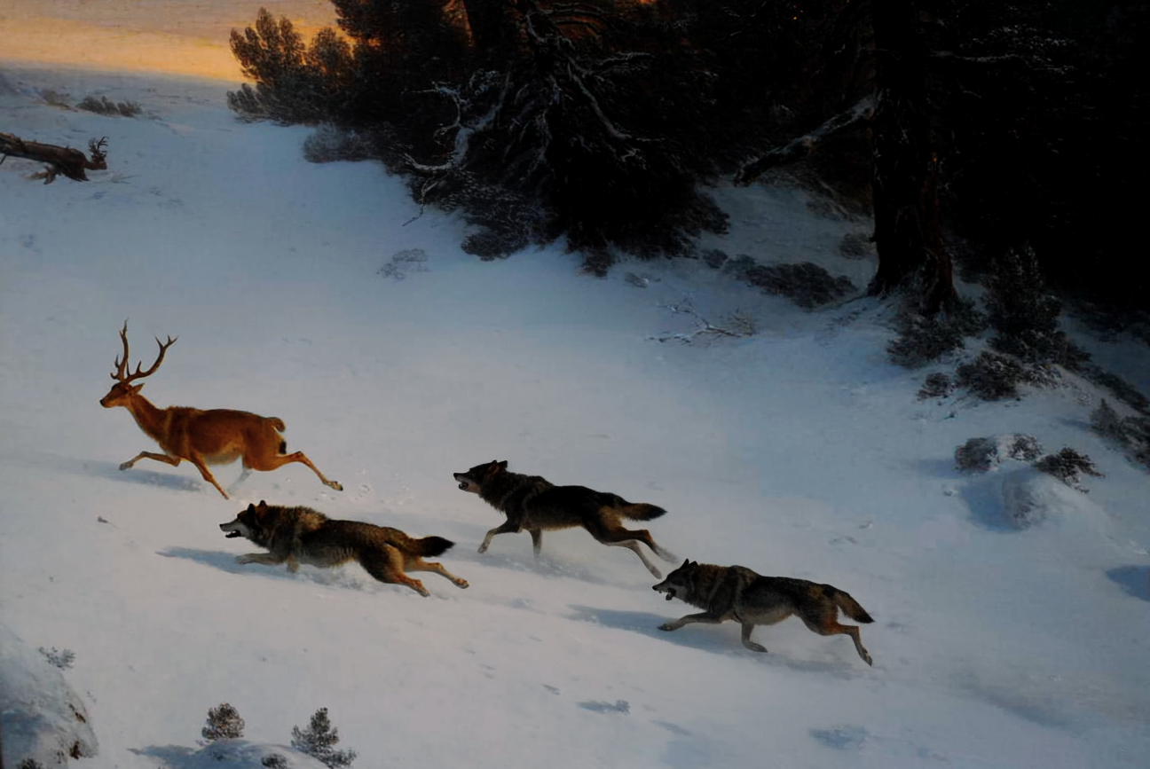 Wolves in snow painting